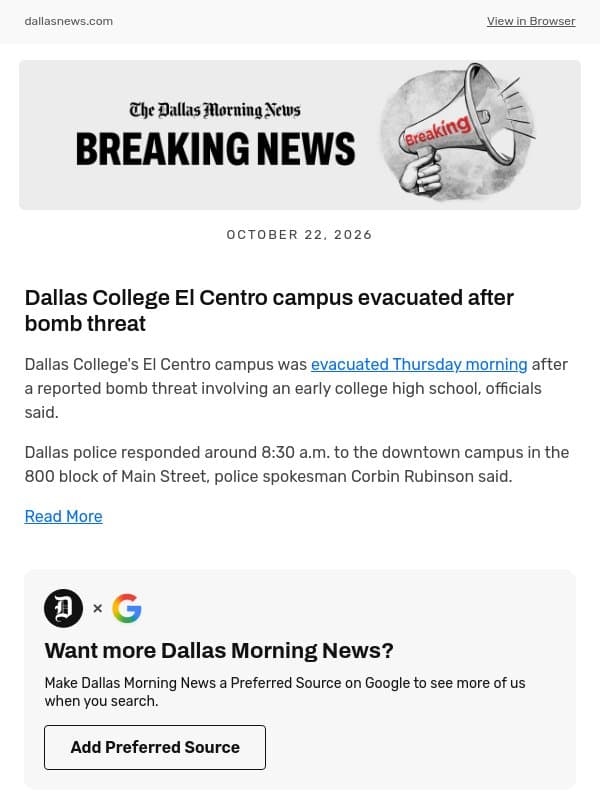 Dallas College El Centro campus evacuated after bomb threat email from The Dallas Morning News