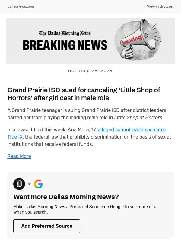 Grand Prairie ISD sued for canceling 'Little Shop of Horrors' after girl cast in male role email from The Dallas Morning News