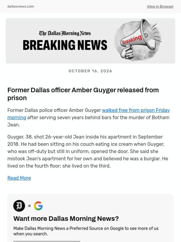 Former Dallas officer Amber Guyger released from prison email from The Dallas Morning News