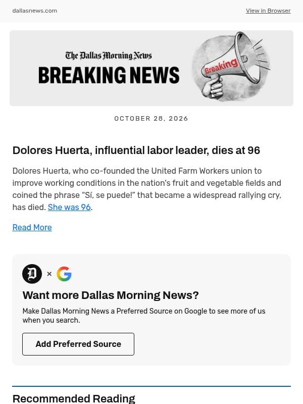 Dolores Huerta, influential labor leader, dies at 96 email from The Dallas Morning News