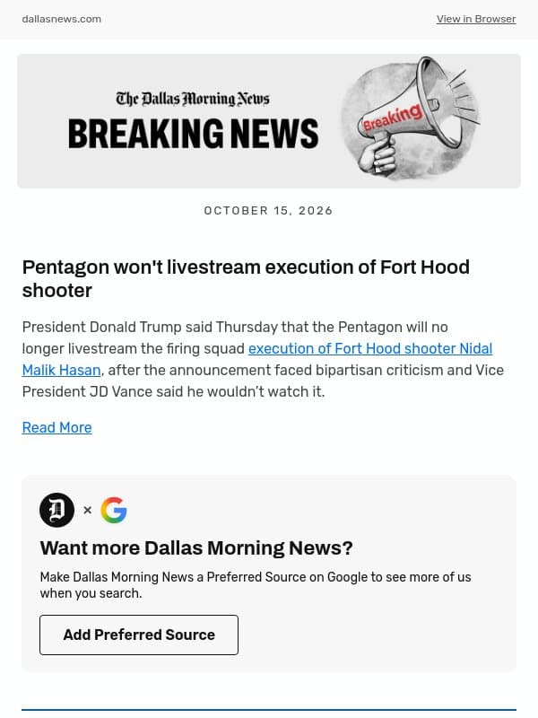 Pentagon won't livestream execution of Fort Hood shooter email from The Dallas Morning News