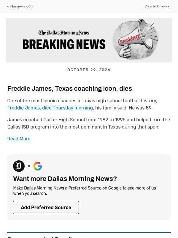 Freddie James, Texas coaching icon, dies email from The Dallas Morning News