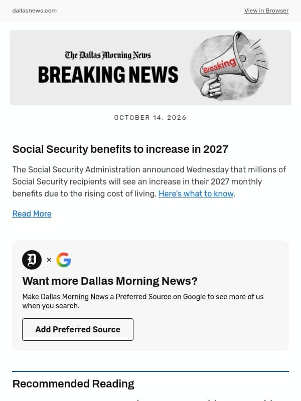 Social Security benefits to increase in 2027 email from The Dallas Morning News