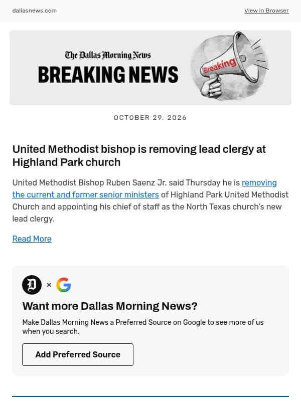 United Methodist bishop is removing lead clergy at Highland Park church email from The Dallas Morning News