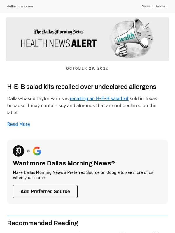 H-E-B salad kits recalled over undeclared allergens email from The Dallas Morning News