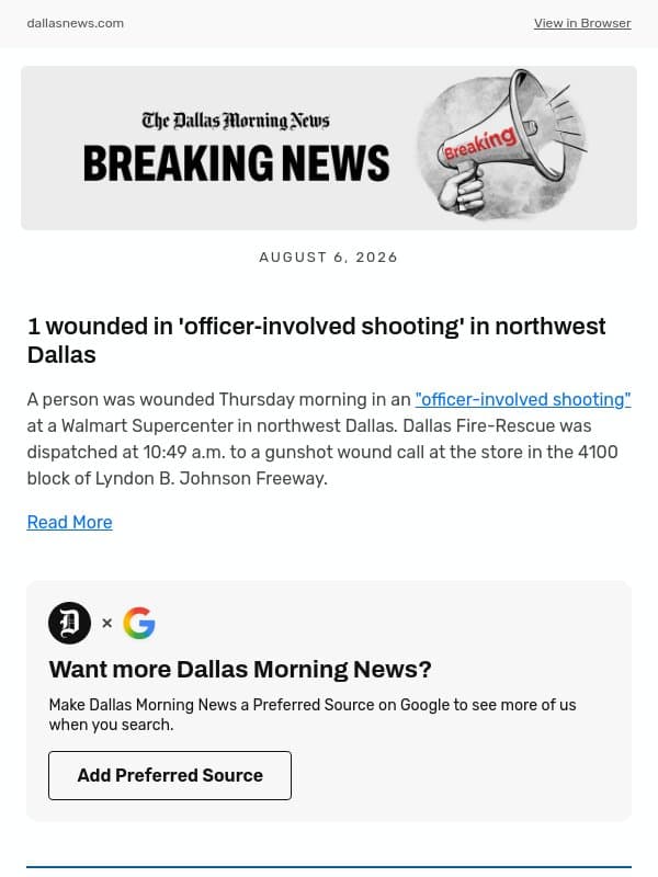 1 wounded in 'officer-involved shooting' in northwest Dallas email from The Dallas Morning News