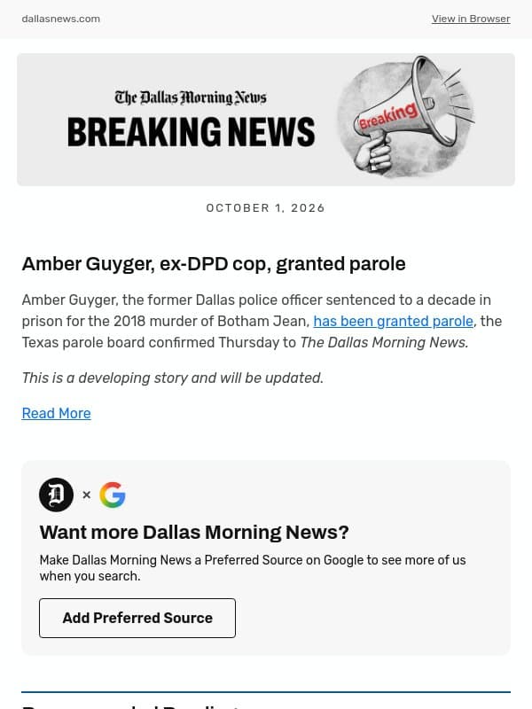 Amber Guyger, ex-DPD cop, granted parole email from The Dallas Morning News