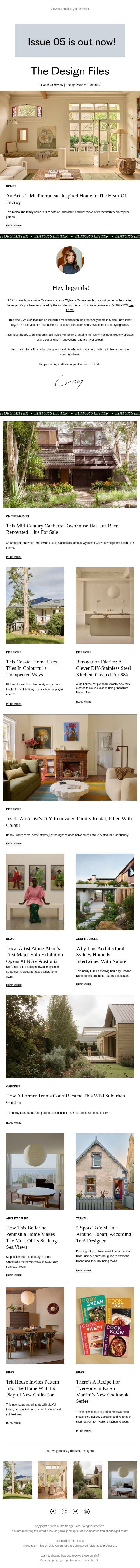 Best Of The Week · An Iconic 1970s Home Is For Sale In Canberra, Inside An Artist’s DIY-Renovated Rental, A Mediterranean-Inspired Family Home! email from The Design Files screenshot