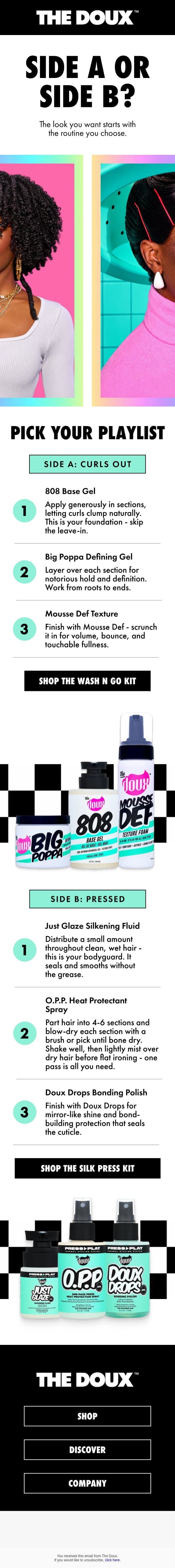 Curls Out or Pressed? Your Call This Wash Day email from The Doux screenshot