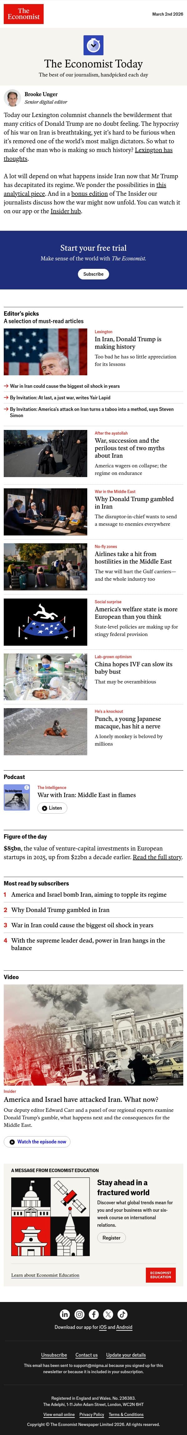 Donald Trump is making history email from The Economist screenshot