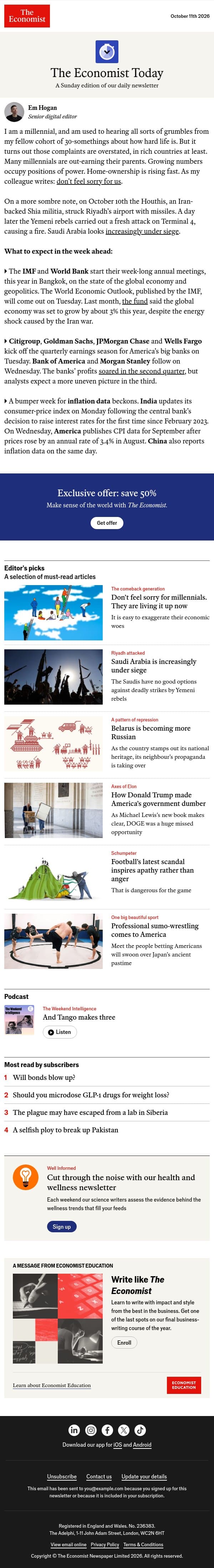 Don’t feel sorry for millennials. They’re living it up now email from The Economist screenshot