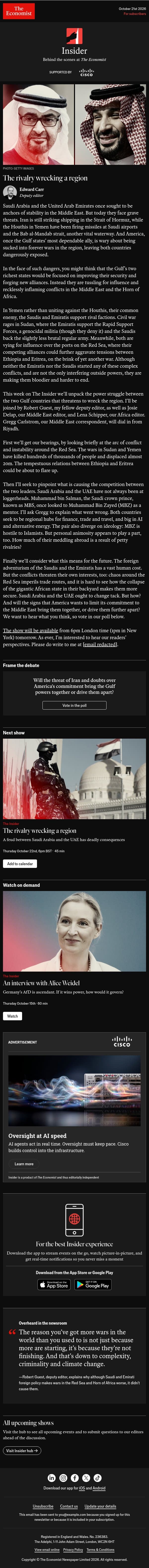 đ´ The Insider: The Gulf rivalry wrecking a region email from The Economist screenshot