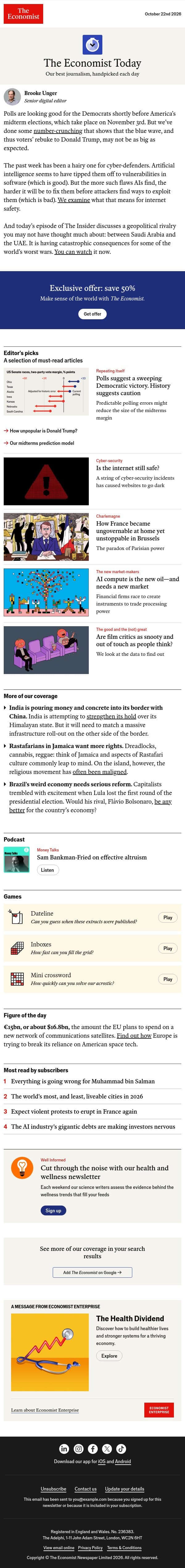 Polls suggest a sweeping Democratic win. But wait email from The Economist screenshot