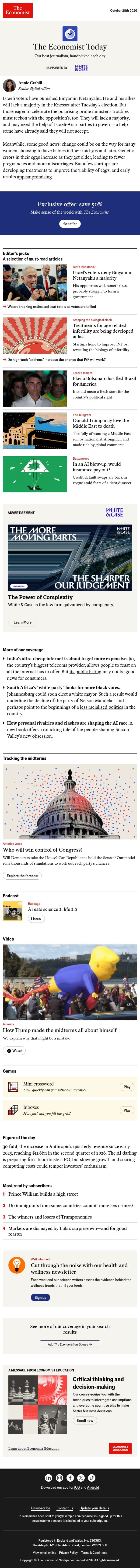 Israel’s voters deny Binyamin Netanyahu a majority email from The Economist screenshot