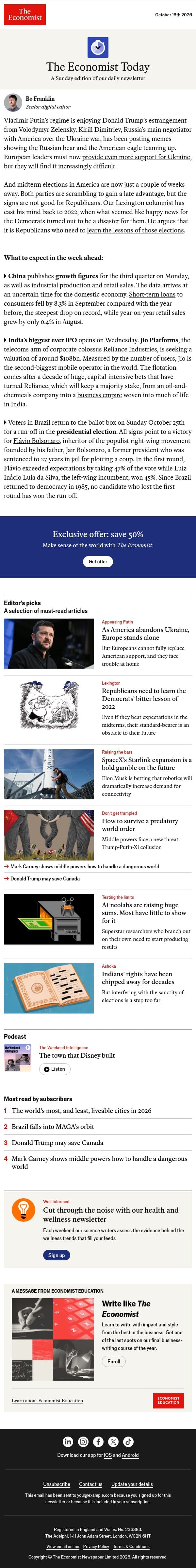 Europe stands alone as America abandons Ukraine email from The Economist screenshot