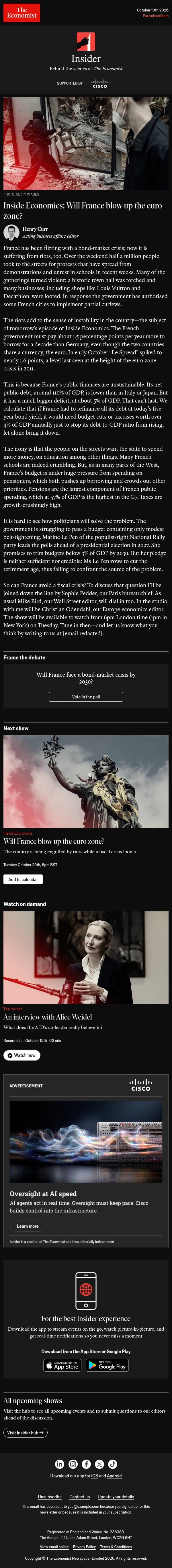 š“ Inside Economics: Will France blow up the euro zone? email from The Economist screenshot