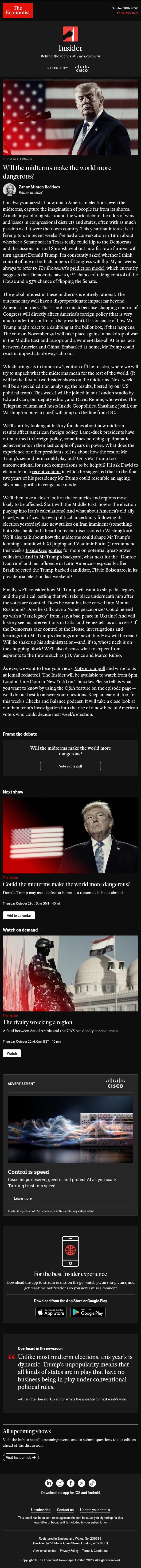 đź”´ The Insider: Will the midterms make the world more dangerous? email from The Economist screenshot