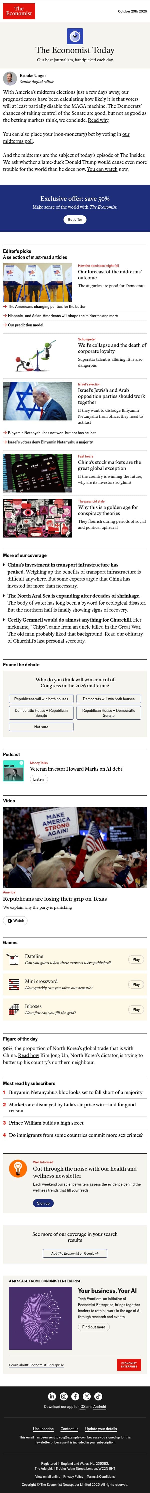 Our forecast of the midterms’ outcome email from The Economist screenshot