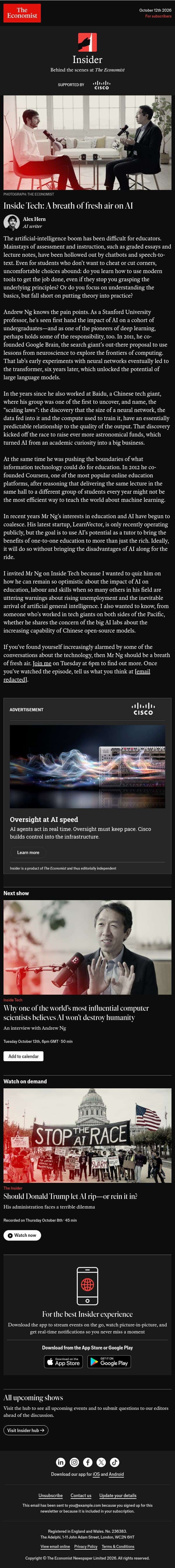 š“ Inside Tech: A breath of fresh air on AI email from The Economist screenshot