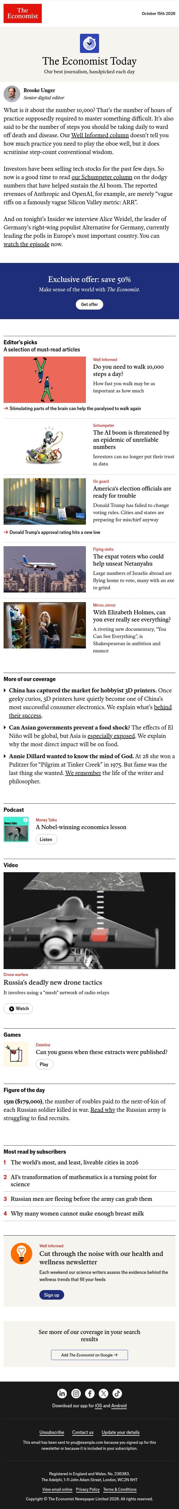 Do you need to walk 10,000 steps a day? email from The Economist screenshot