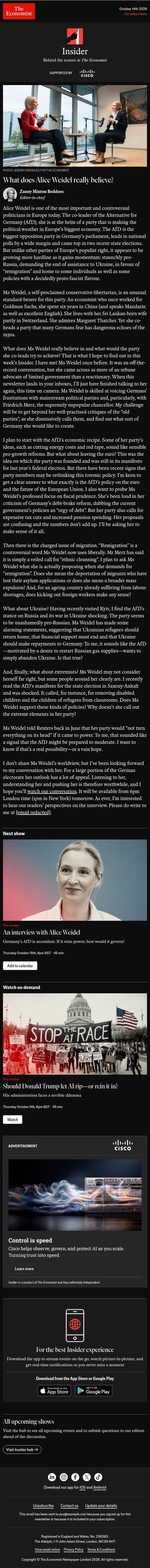 đź”´ The Insider: What does Alice Weidel really believe? email from The Economist screenshot