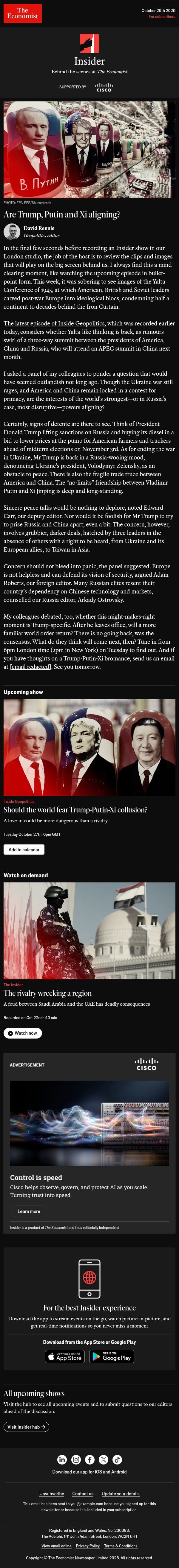 đ´ Inside Geopolitics: Should we fear Trump-Putin-Xi collusion? email from The Economist screenshot