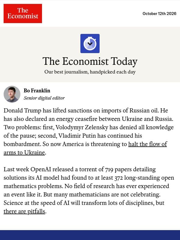 Trump is again threatening to cut off arms to Ukraine email from The Economist