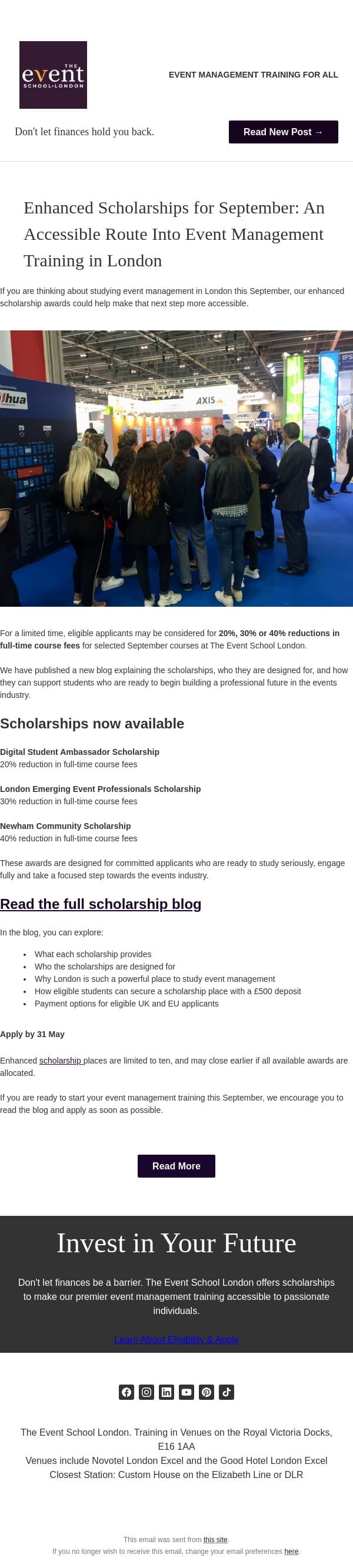 Could a Scholarship Help You Start This September? email from The Event School London screenshot