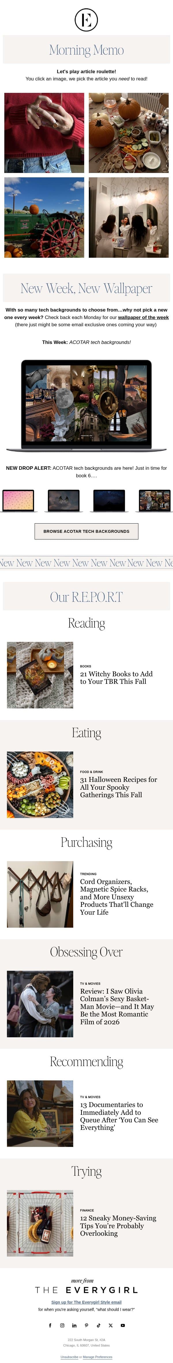 ACOTAR backgrounds and TJs favorites email from The Everygirl screenshot