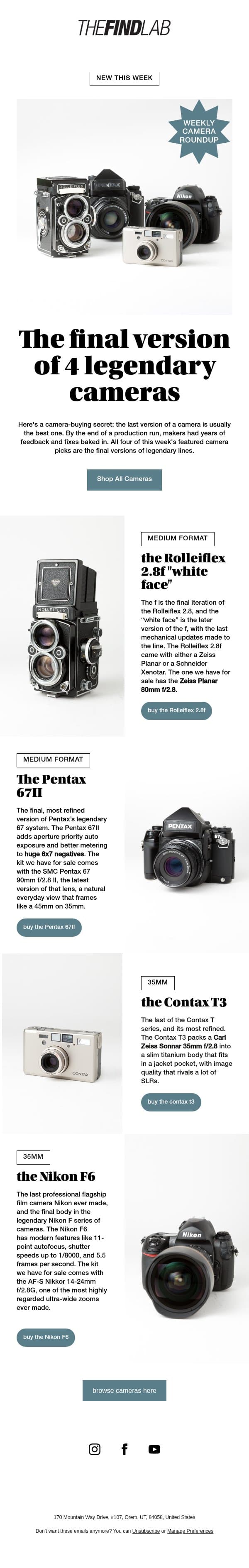 The final version of 4 legendary cameras email from The FIND Lab screenshot