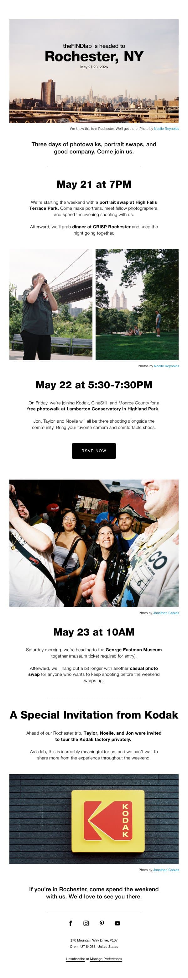 Spend the weekend with us in Rochester, NY email from The FIND Lab screenshot
