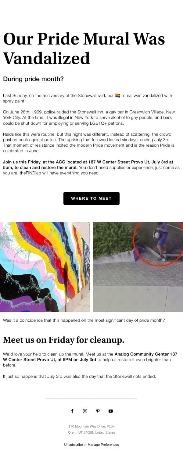 Our Pride Mural was Vandalized email from The FIND Lab screenshot