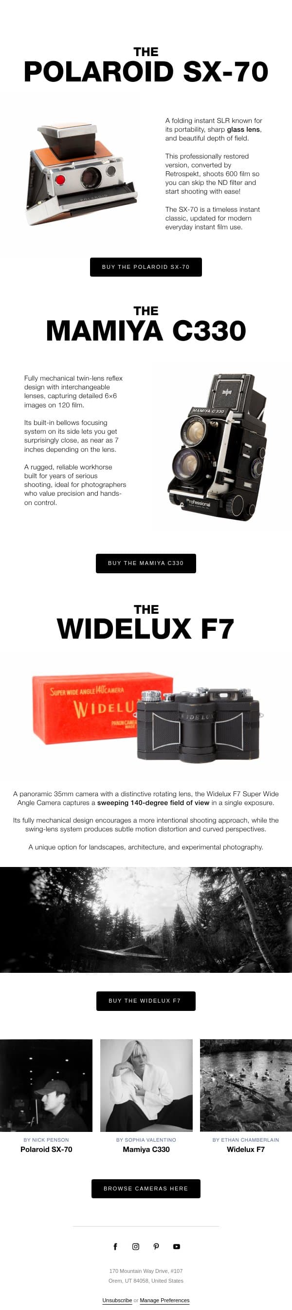This week's film picks: instant, medium format, and panoramic. email from The FIND Lab screenshot