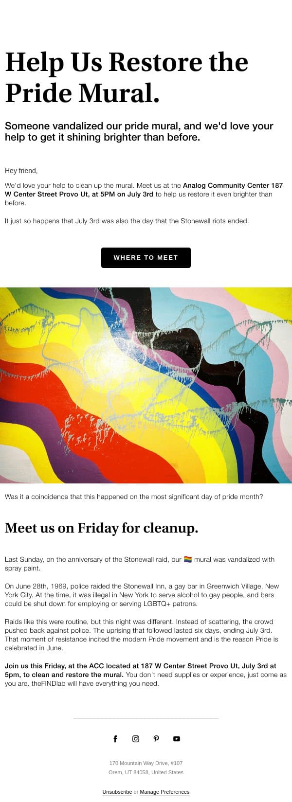 Help us restore the vandalized pride mural. email from The FIND Lab screenshot