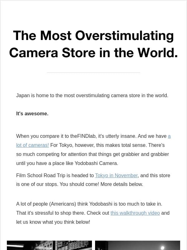 The Most Overstimulating Camera Store in the World email from The FIND Lab