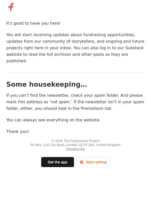 Welcome to The Forgiveness Project Newsletter email from The Forgiveness Project screenshot