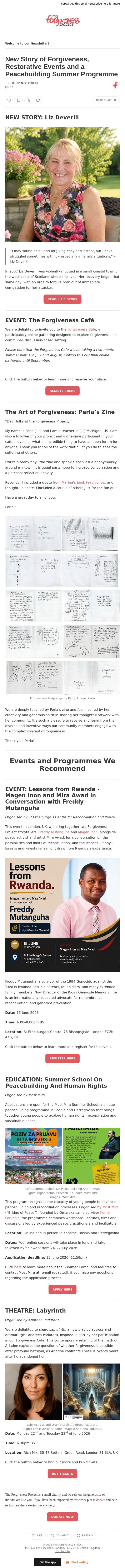 New Story of Forgiveness, Restorative Events and a Peacebuilding Summer Programme email from The Forgiveness Project screenshot