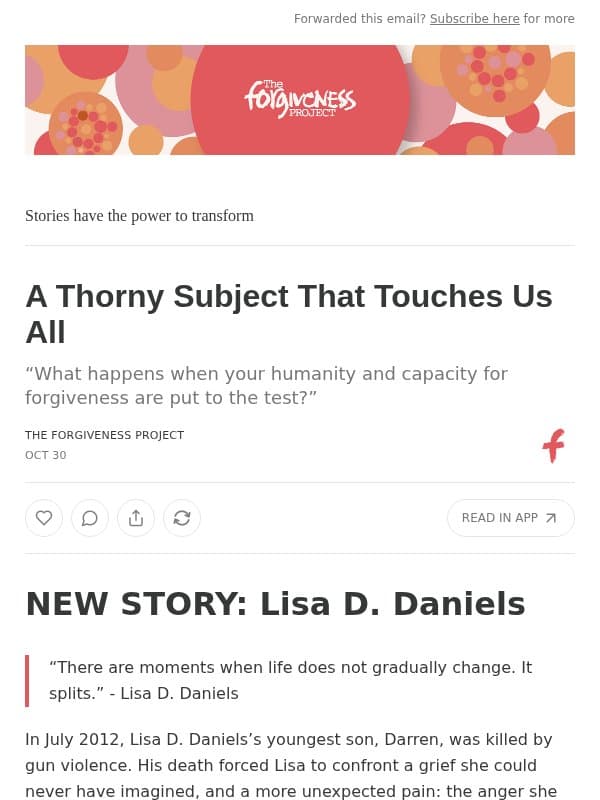A Thorny Subject That Touches Us All email from The Forgiveness Project