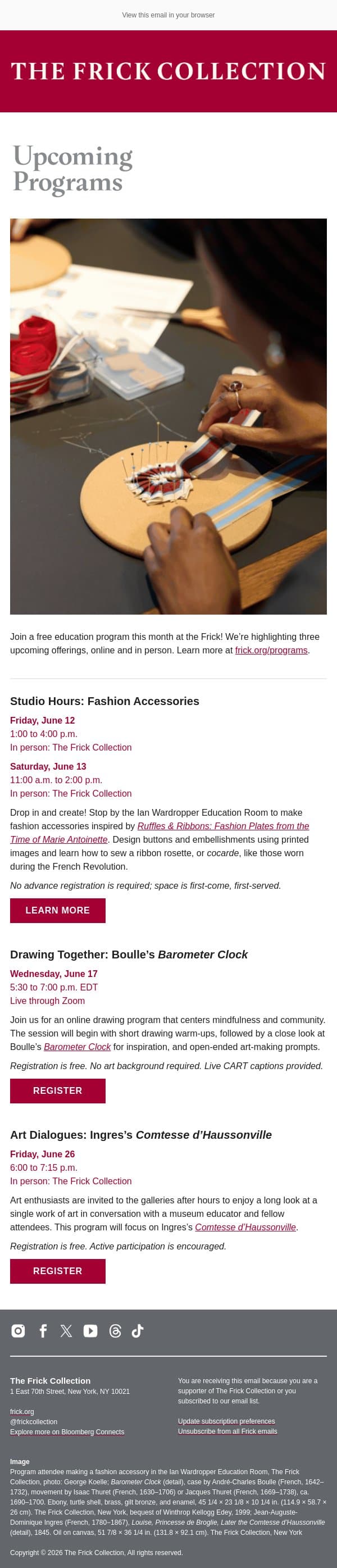 Upcoming Free Programs email from The Frick Collection screenshot