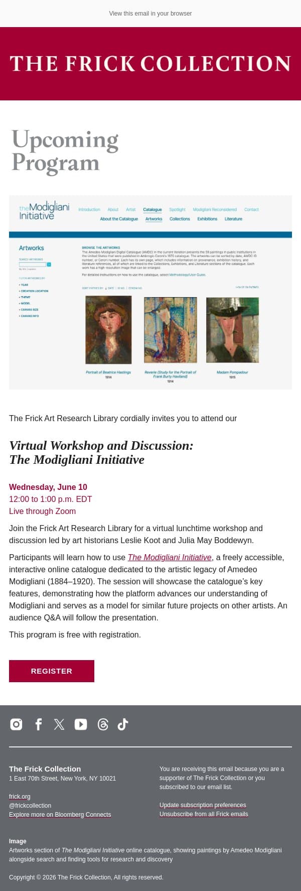 You're Invited: Virtual Workshop and Discussion: The Modigliani Initiative email from The Frick Collection screenshot