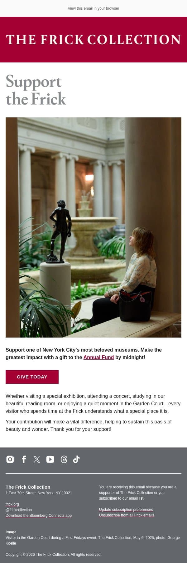 Last Chance: Give by Midnight! email from The Frick Collection screenshot