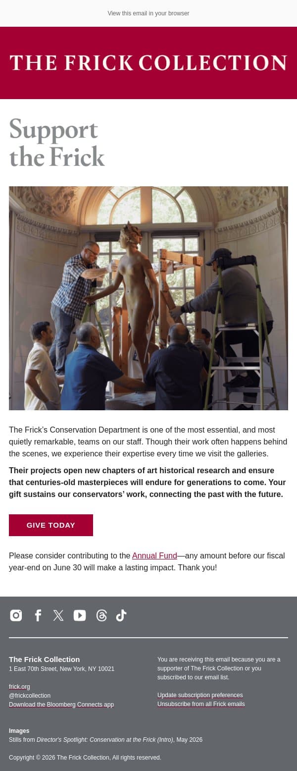 Great Art Deserves to Last email from The Frick Collection screenshot