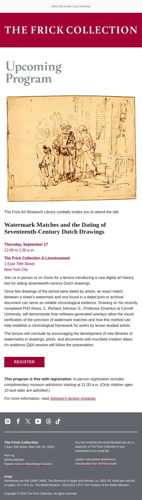 You’re Invited: Digital Art History Lecture email from The Frick Collection screenshot