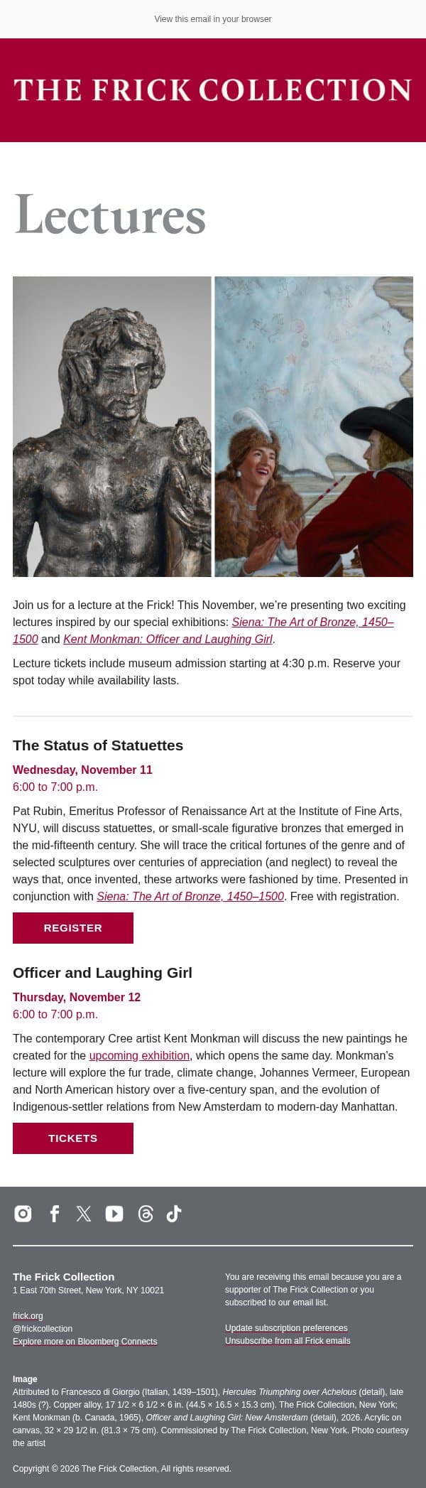 Registration Open: November Lectures email from The Frick Collection screenshot
