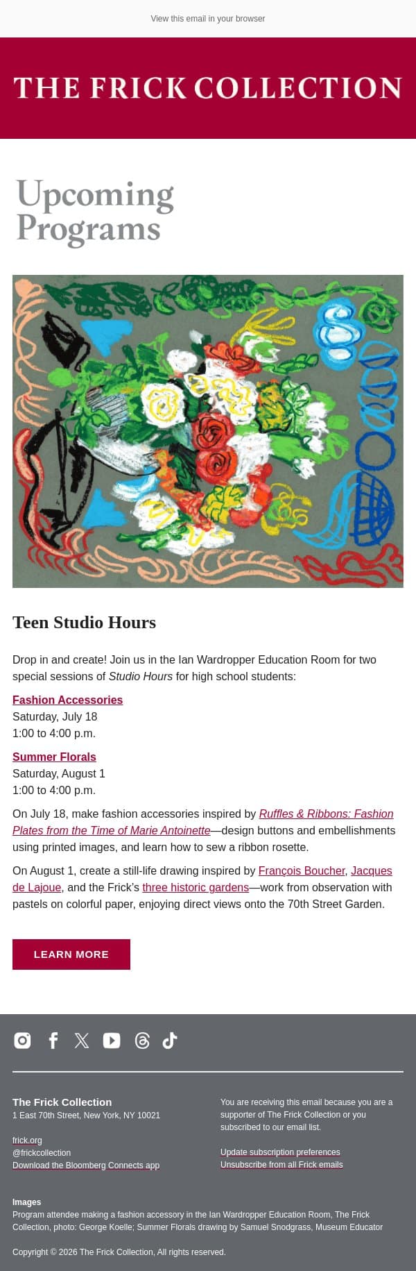 Upcoming Program: Teen Studio Hours email from The Frick Collection screenshot