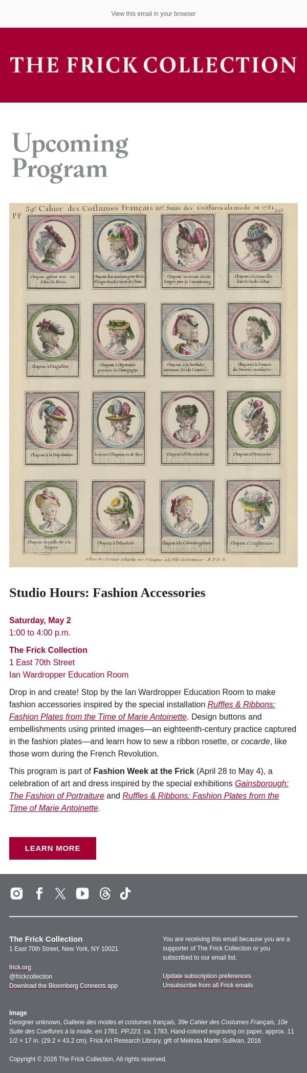 Upcoming Program: Studio Hours: Fashion Accessories email from The Frick Collection screenshot