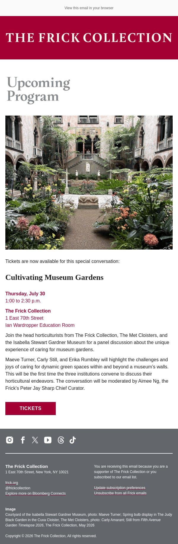 Join Us: Cultivating Museum Gardens email from The Frick Collection screenshot