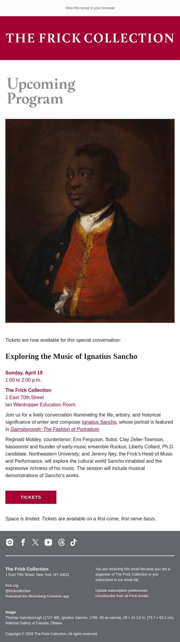 Limited Tickets Available: Exploring the Music of Ignatius Sancho email from The Frick Collection screenshot