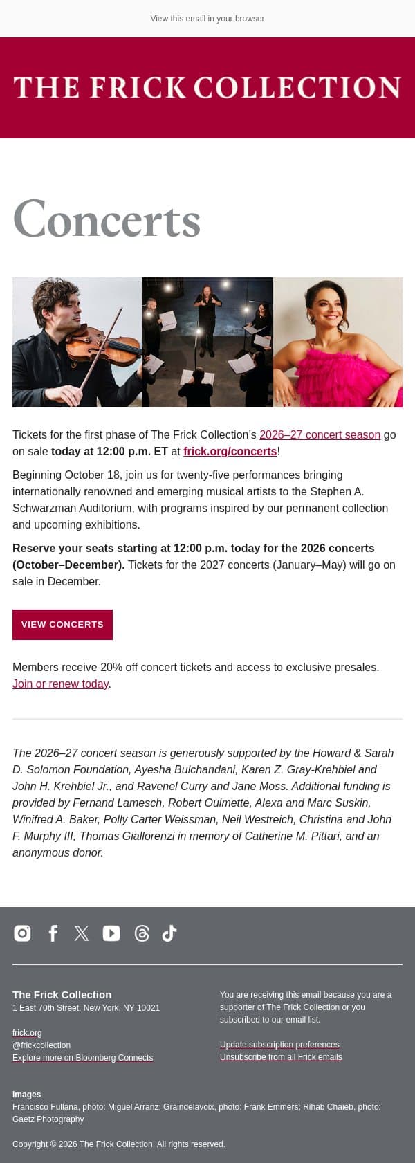 Concert Tickets On Sale Today! email from The Frick Collection screenshot