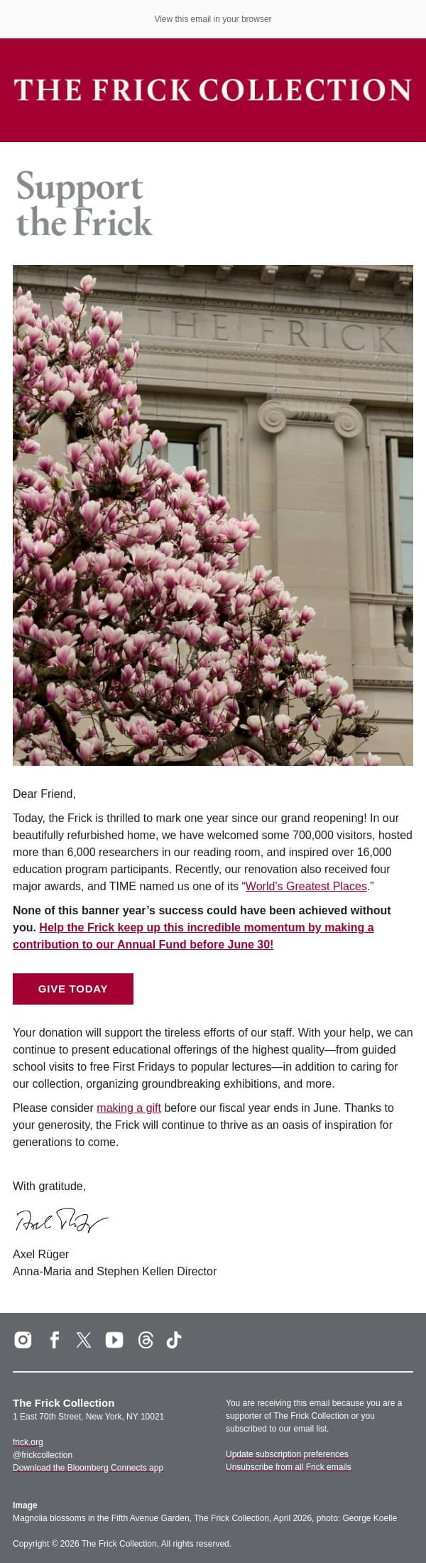 A Banner Year for the Frick email from The Frick Collection screenshot